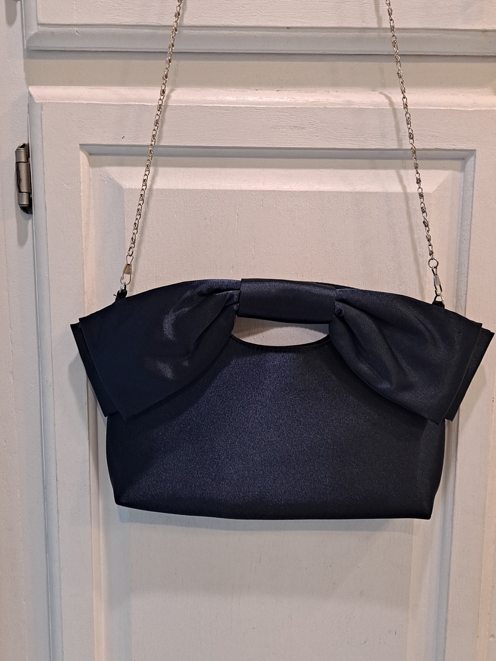 N By Nina Goodie Satin Prominent  Navy Blue Bow Clutch with Detachable Chain